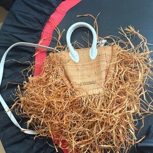 Jacquemus Natural Straw Tote with White Handles and Fringe
